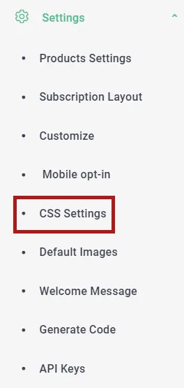 بخش CSS Settings برای شخصی‌سازی نوتیفیکیشن